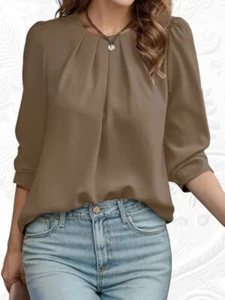 Women's Round Neck Puff Long Sleeve Blouse Business Dress Casual Top Summer - Picture 1 of 20
