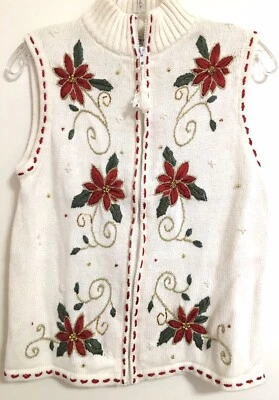 Винтажный Рождественский ориентир точка Holly мотив свитер жилет женщин маленький белый - Изображение 1 из 4