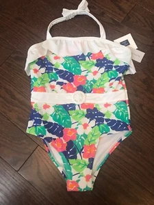 Janie and Jack NWT Girls 5 Floral Palm Swim Bathing Suit Retro White Blue Green - Picture 1 of 6