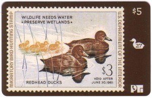 Duck Hunting Stamp Card #27 'Void After 1961' Redhead Ducks USED Phone Card