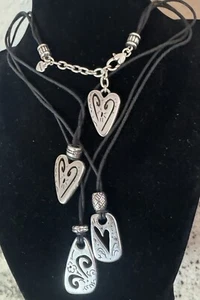 Brighton brasilianisches Silber dreifaches Herz schwarze Kordel Halskette abgestufte Anhänger - Bild 1 von 8