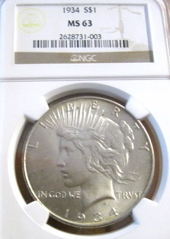 1934 P NGC MS63 Peace Silver Dollar $1 US Mint 1934-P NGC MS-63 NO RESERVE Cover