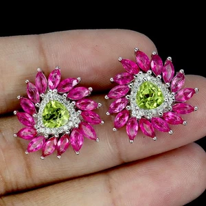 925 Sterling Silver Earrings Trilliant Peridot 5mm Pink Topaz Gemstone Jewelry - Picture 1 of 13