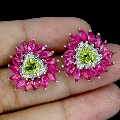 925 Sterling Silver Earrings Trilliant Peridot 5mm Pink Topaz Gemstone Jewelry - Image 1 of 4