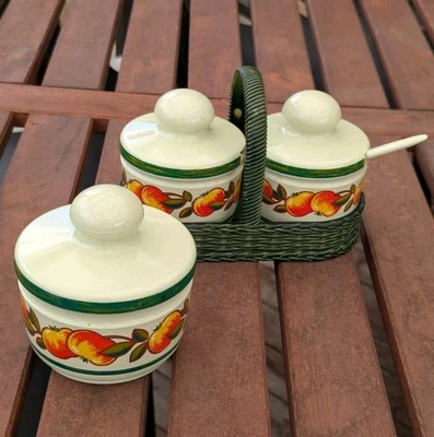 VTG 70s West German Emsa Melamine Condiment Set And Jar with Apple pattern  - Image 1 of 4