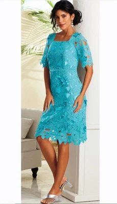 Size 12 Midnight Velvet Aqua Formal Wedding Dinner Church Applique Lace Dress - Image 1 of 4