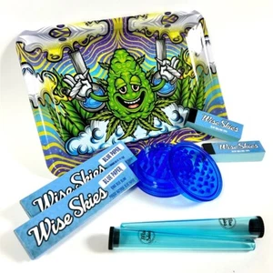 Wise Skies Blue Bud Man Rolling Tray Set Rolling Papers Tips Cone Holders - Picture 1 of 2