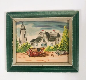 VTG Coastal Nautical Small Framed Print Lighthouse Rowboats House by the Sea - Picture 1 of 5