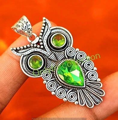Colgante de piedras preciosas de topacio verde para mujer enchapado en plata de ley 925 joyería de búho Foto 1 de 4