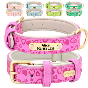 Leather Dog Collar Personalised Name ID Collar Soft Padded Heavy Duty S To 2XL