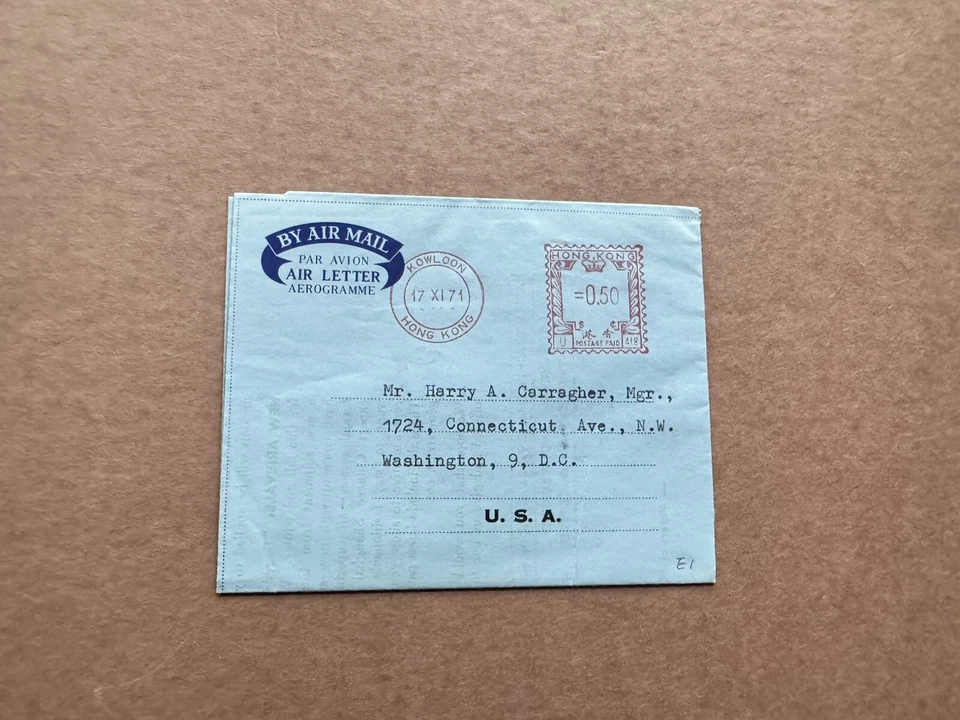 Hong Kong 1971 Aerograma (E1) + Meter Franking #U418 + Anuncio Maharaja + 50C Indicia Foto 1 de 1