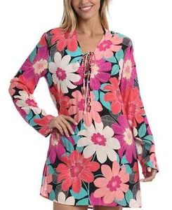 La Blanca Lace Front Tunic Dress Swim Cover Up Multicolor In Full Bloom, Large - Picture 1 of 3