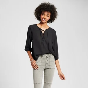 Women's 3/4 Sleeve Lace-Up Blouse Black Eclair size L - Picture 1 of 5