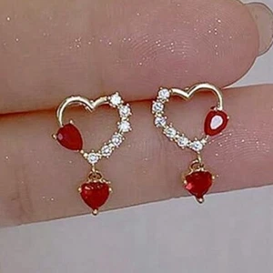 14k Vermeil Gold Ruby CZ Heart Shaped Earrings, Perfect Valentine’s Gift - Picture 1 of 6
