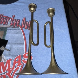 Brass Trumpet Candle Holder Pair - Picture 1 of 4