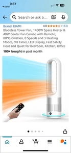 Hiluce Hot & Cool Bladeless Heater/Table Fan 8 Speeds 9H Timer 22 Inch White - Picture 1 of 2