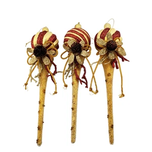 Vintage Hand Crafted Embellished Floral Christmas Ornaments X3 MCM Gold-Tone 70s - Picture 1 of 10