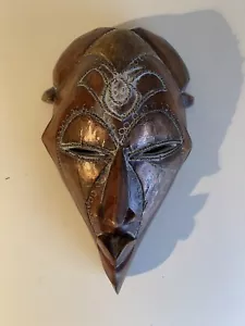 Vintage Hand Carved African Dark Solid Wood Mask Wall Decor - 11” x 6” - Picture 1 of 10
