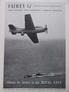 5/1951 PUB FAIREY GANNET 17 ANTI U-BOOT FLUGZEUG ASW ROYAL NAVY ORIGINAL ANZEIGE - Bild 1 von 2