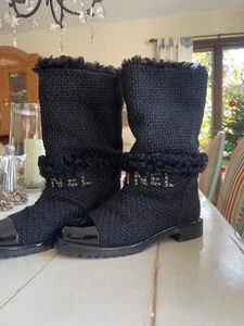 CHANEL AUTHENTIC LOGO WOMEN BOOTS SHOES BLACK SHEEPSKIN WOOL ITALY 37 - Picture 1 of 10