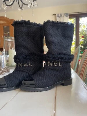 CHANEL AUTHENTIC LOGO WOMEN BOOTS SHOES BLACK SHEEPSKIN WOOL ITALY 37 FITS 6 US - Image 1 of 4
