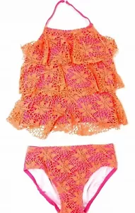 NEW GIRLS 8 KENSIE 2 PIECE TANKINI FLUTTER HALTER SWIMSUIT SUIT CORAL/PINK LACE - Picture 1 of 5