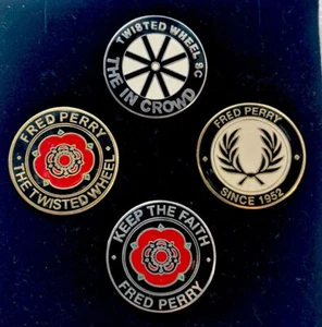 4 x Insignias de pasador de rueda retorcida Fred Perry, Northern Soul, KTF, Tamla Motown, AMG. - Imagen 1 de 20