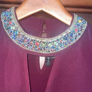 Jeweled High Collar V Keyhole Women’s Top Moa Moa Large Holiday Party Maroon - Picture 1 of 8
