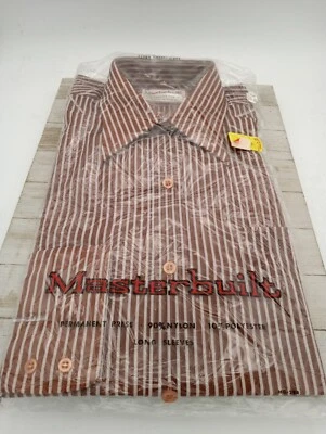 New Sealed Vintage 70s Long Sleeve Masterbuilt Dress Shirt Brown White Stripe  - Image 1 of 4