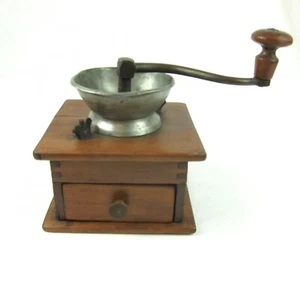 Antique Coffee Grinder Hand Crank Wood Box w/ Drawer Dovetail Joints & Metal Top - Picture 1 of 12