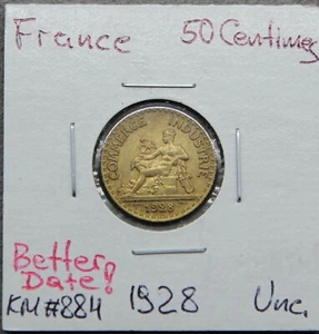 1928 France 50 Centimes Coin, Better Date!-Unc. - Picture 1 of 2