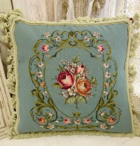 17"Hand Crafted Vintage Beautiful Color Rose Floral In Scroll Needlepoint Pillow - Picture 1 of 8