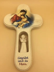 HOLZ KINDERKREUZ BEMALT MIT ENGEL*GEGRÜßET SEIST DU MARIA*21 CM*NEU* - Picture 1 of 5