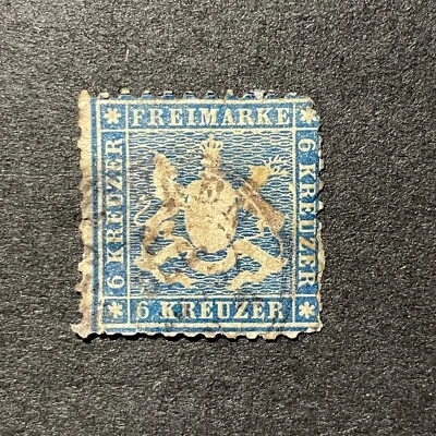 Germany WURTTEMBERG STAMP 1863, dark blue 6kr, COAT OF ARMS, 6k USED - Image 1 of 2