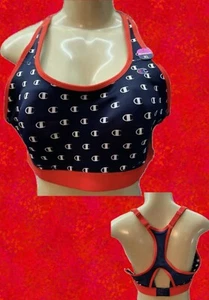 Champion XL Navy-Red Logo Print High Impact Mesh Wicking Racerback Sports Bra - Picture 1 of 6