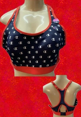 Champion XL Navy-Red Logo Print High Impact Mesh Wicking Racerback Sports Bra - Image 1 of 4