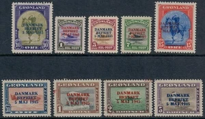 GROENLANDIA. 1945. #19-27. Sobreimpresión DANMARK BEFRIET. Juego de 9. VF MNH (PK2655) - Imagen 1 de 2