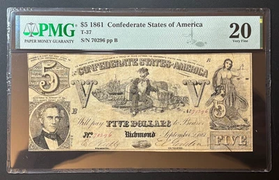 1861 Confederate States of America $5 Banknote, T-37, PMG VF 20. - Image 1 of 2
