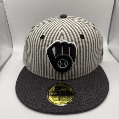 New Era 59Fifty Milwaukee Brewers Gris Rayas Seersucker Tela Sombrero 7 1/2 Nuevo Foto 1 de 4
