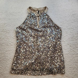 Tahari High Neckholder Tank Top M Champaign Pailletten Glamour Keyhole Bank - Bild 1 von 10
