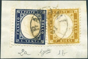 Italien 1862 Vitt. Emanuele 10 c. Bistro gelblich + 20 c. Indigo auf Fragment,  - Bild 1 von 1