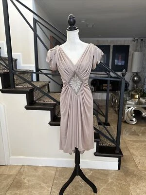 Tadashi From Saks 80s Champagne Ruched Draped Jeweled Party Dress Vtg 10 Fits 4 - Image 1 of 4