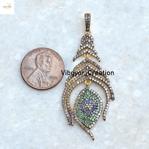 Diamond Peacock Feather Pendant Tsavorite Gemstone 925 Silver Gold Plated Gift - Picture 1 of 4