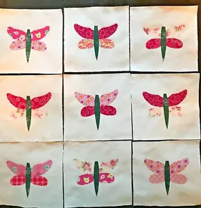 Cotton Fabric Quilt Top Craft Blocks 6 Inch Square Dragonfly Appliques Pinks 9 - Picture 1 of 3
