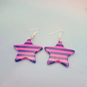 Large Striped Star Earrings beach summer stripey pink & blue dangles womens - Picture 1 of 8