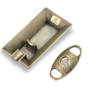 Galiner Retro Carved Cigar Cutter Double Blade Gold Metal Ashtray 1 Slot Gift