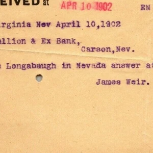 Scarce Vintage 1902 Western Union Telegraph Carson City - James Weir - Picture 1 of 3