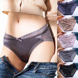 1/5 Pack Lot Womens Silky Satin Panties Underwear Sexy Lace Briefs Thong Bottoms - Picture 1 of 15