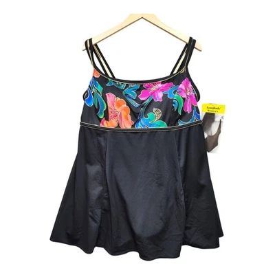 NWT Longitude One Piece Swimsuit Skirt SZ 20W Black Floral Gold Outlined Empire - Image 1 of 4