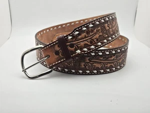 Tony Lama Belt Mens 36 Brown Leather Hand Tooled Jack Artificial Sinew - Picture 1 of 7